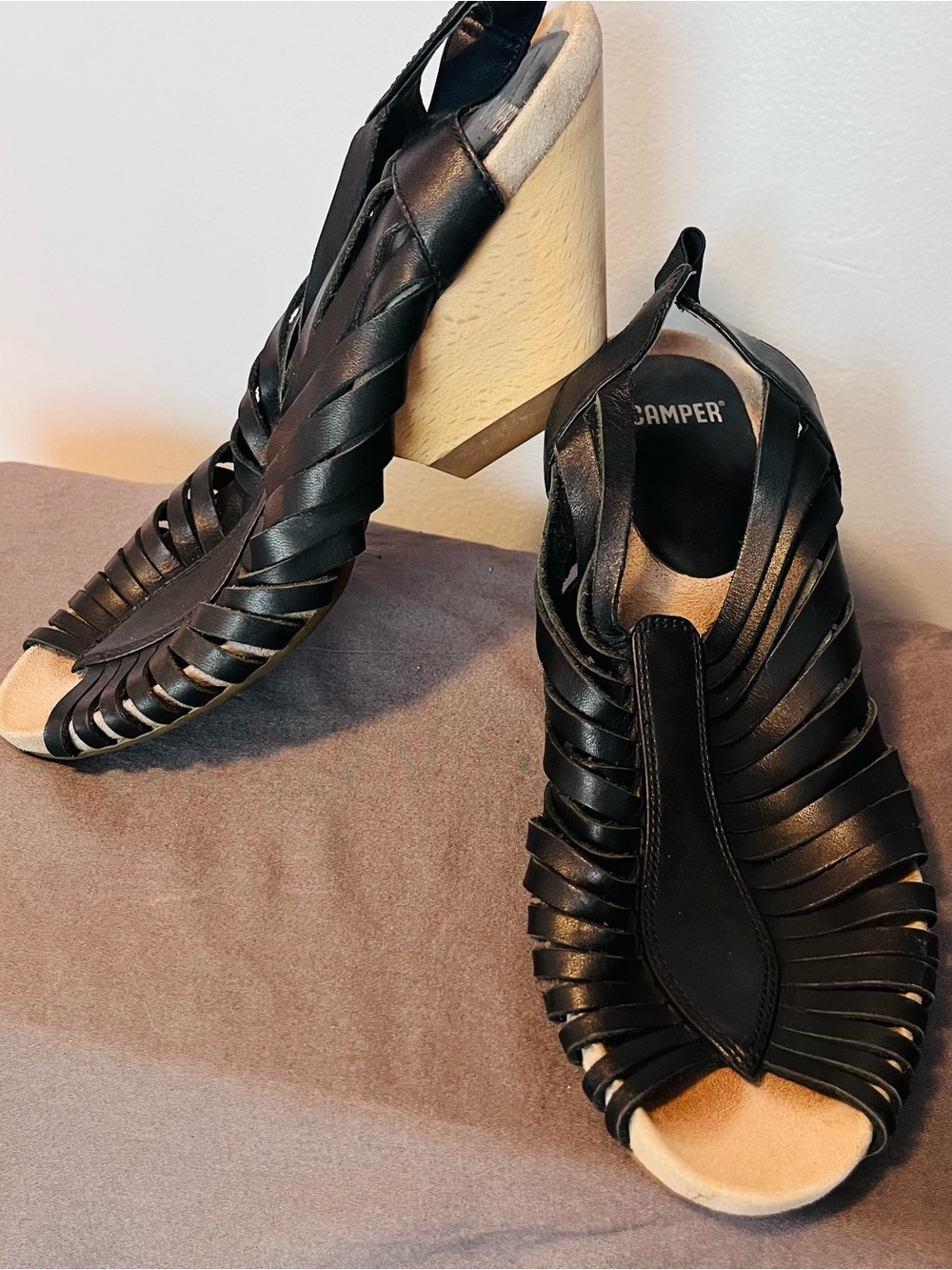 Camper Black Leather Strappy Wedge Sandals with Wood Heel